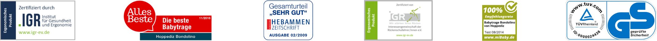 Auszeichnungen und Zertifikate der Babytrage Bondolino: IGR-zertifiziert, Testsieger bei Alles Beste, Sehr gut in der Hebammenzeitschrift, miBaby-Empfehlung, TÜV-geprüfte Sicherheit